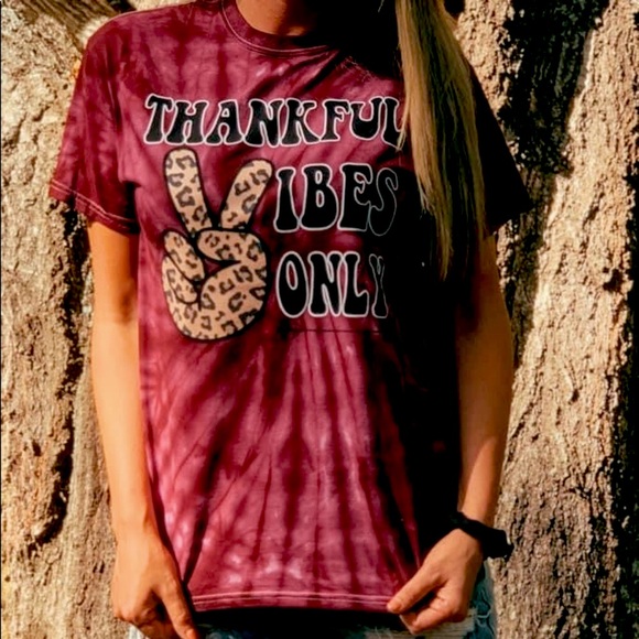 Burgundy Tie Dyed Thankful Vibes Only Tee - Picture 6 of 8